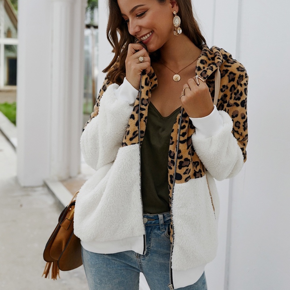 🆕Leopard Print Full Zipper Up Hoodie White - Picture 6 of 8